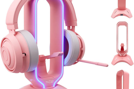 RGB Gaming Headset Stand - 3 in 1 Pink with Mouse Bungee and 2 Port USB Hub Charger - the Ultimate Accessory and Gamer Gift - Headphone Holder for Desk