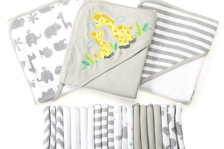 Juego De Toallas Con Capucha Para Baño Y Paños Para Bebés, Juego De Regalo De 23 Piezas, Jirafa Gris